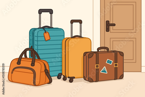 Travel luggage suitcase vector collection. Vacation bags trolley cases ready departure trip. Wheeled baggage duffel bag door. Holiday journey tourism illustration graphic set design