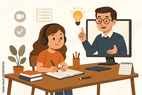 Virtual learning online education concept. Student with headphones taking notes video call teacher. E-learning distance study remote digital class tutorial session illustration