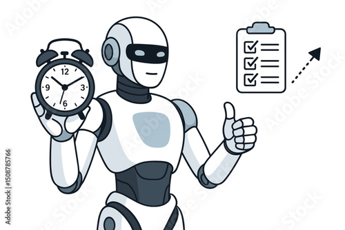 Efficient AI robot assistant time management productivity concept. Artificial intelligence holding alarm clock thumbs up checklist tasks automation business workflow optimization