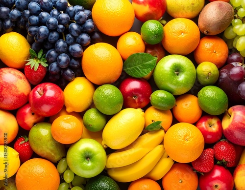 Colorful array of fresh fruit, overhead shot