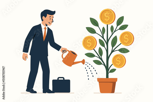 Businessman nurturing money tree with golden dollar coins. Investment growth wealth building concept. Financial planning business success profit cultivation metaphor vector graphic
