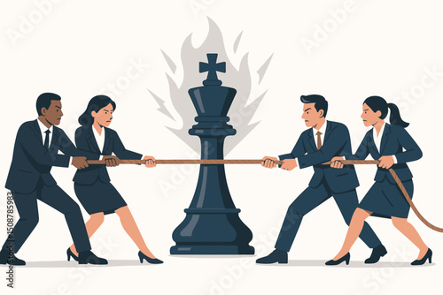 Corporate tug of war business competition teams pulling rope. Chess king leadership battle strategic rivalry. Power struggle conflict metaphor. Professional teamwork challenge