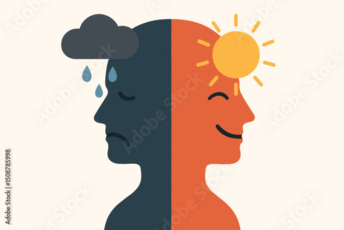 Bipolar disorder metaphor split personality concept. Dual face head silhouette sad happy emotions. Weather psychology mental health mood contrast. Double mind depression joy
