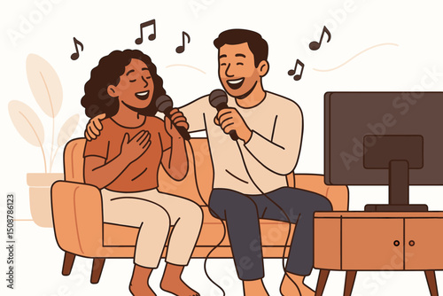 Couple singing karaoke duet home entertainment microphones music. Happy man woman vocal performance together living room couch. Vector illustration leisure lifestyle hobby fun concept
