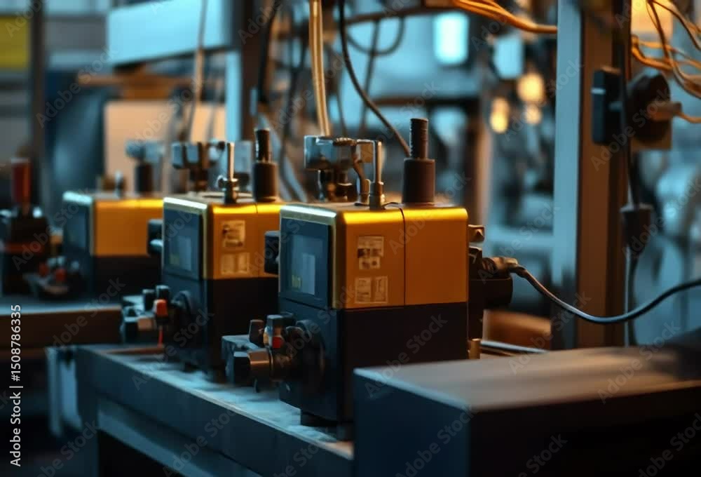 Industrial machinery with digital displays and various controls, set on a metallic surface
