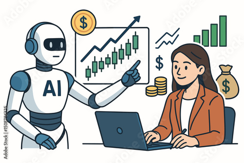 AI robot assistant analyzing stock market charts presenting financial data to businesswoman investor. Artificial intelligence trading automation technology concept. Investment analysis.