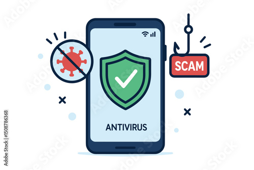 Smartphone antivirus security protection concept. Mobile cybersecurity defense against virus malware scam phishing attacks. Digital safety shield technology app interface illustration