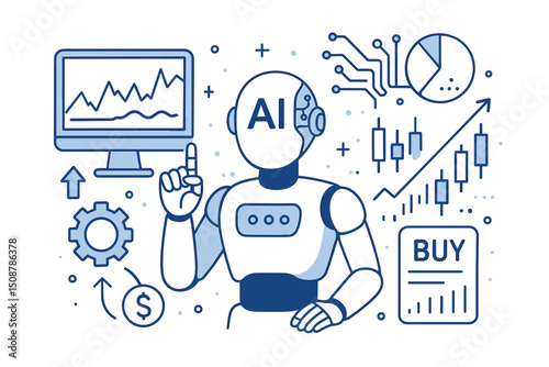 AI robot trading financial markets concept. Artificial intelligence bot analyzing stock charts data. Automated investment technology. Digital finance algorithm analysis growth business