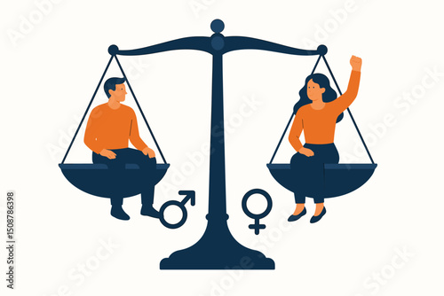 Gender equality concept vector. Woman empowerment feminist raising fist on balance scale with man. Equal rights justice metaphor. Social workplace balance illustration