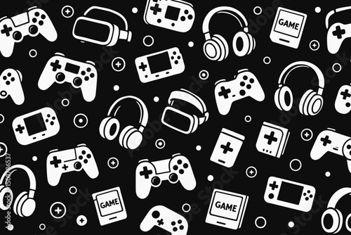 Gaming gear seamless pattern black white background. Controllers VR headset headphones icons. Video game accessories technology vector pattern design entertainment digital