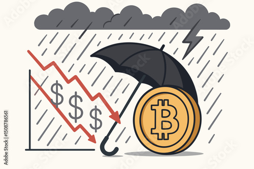 Bitcoin cryptocurrency under protective umbrella against economic storm financial crisis market crash declining chart graph digital currency investment security shelter metaphor volatile weather