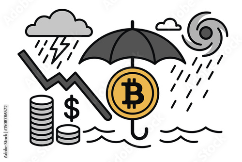 Bitcoin cryptocurrency protection concept metaphor. Umbrella shield digital currency from economic storm market crash. Financial crisis shelter investment security volatility risk management