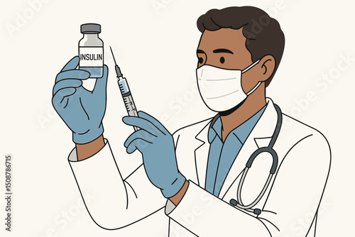 Medical doctor preparing insulin injection syringe diabetes treatment medication therapy dose. Healthcare professional physician with mask gloves holding medicine vial. Vector concept