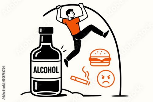 Conquering addiction concept. Person running escape alcohol smoking unhealthy food habits. Breaking bad habits recovery journey. Mental health wellness transformation vector