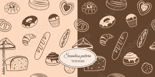 Seamless hand-drawn pattern of baked goods and desserts. Vector design for fabric, wallpaper, wrapping paper and more