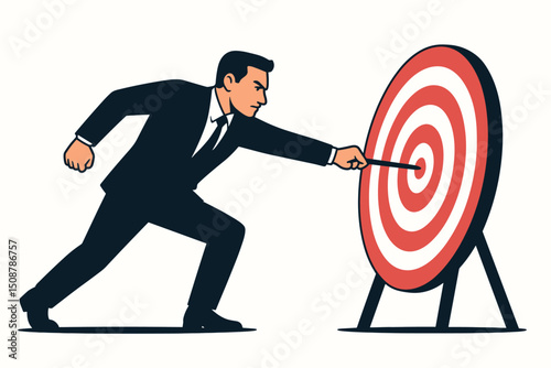 Businessman touching bullseye target center. Business success achievement goal concept. Focus precision aiming strategy leadership performance marketing sales targeting objective