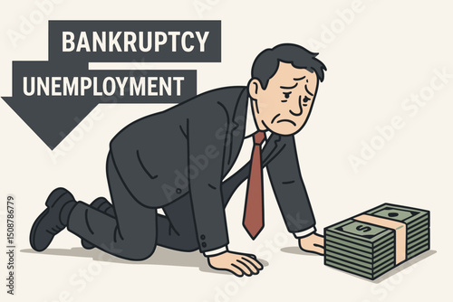 Desperate businessman crawling toward money cash dollars. Bankruptcy unemployment financial crisis concept. Economic hardship debt struggle. Business failure recession downturn metaphor