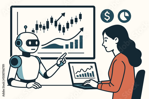 AI robot financial advisor presenting investment data analysis charts to businesswoman. Artificial intelligence fintech assistant explaining market trends graphs trading