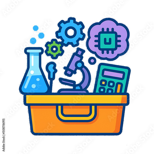 STEM Kit for Kids Icon – Colorful Toolbox with Science, Tech, Engineering & Math Symbols