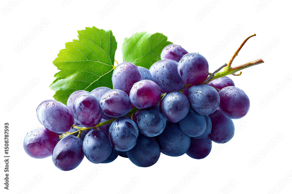 Fototapeta premium Fresh bunch of grapes with green leaves on a transparent background