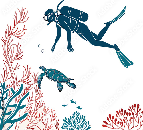 Underwater Scuba Diver with Sea Turtle and Coral Reef