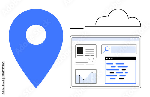 Blue map pin, search bar, website interface, data visualization, text blocks, and cloud outline. Ideal for navigation, data management, location services analytics cloud tech business solutions