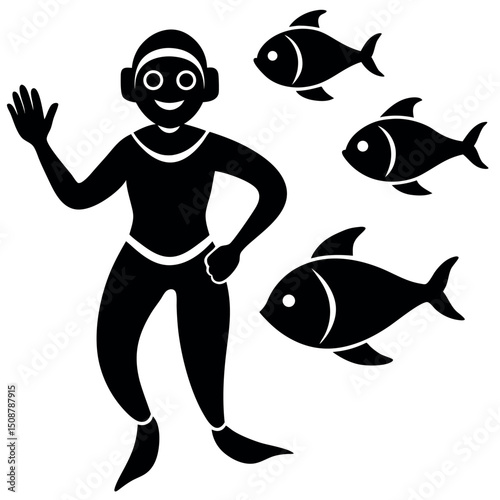 Friendly Diver with Tropical Fish Underwater Adventure Illustration