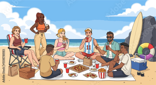 Cartoon Friends Enjoying Picnic by the Seashore – Summer Vacation Scene with Food and Drinks