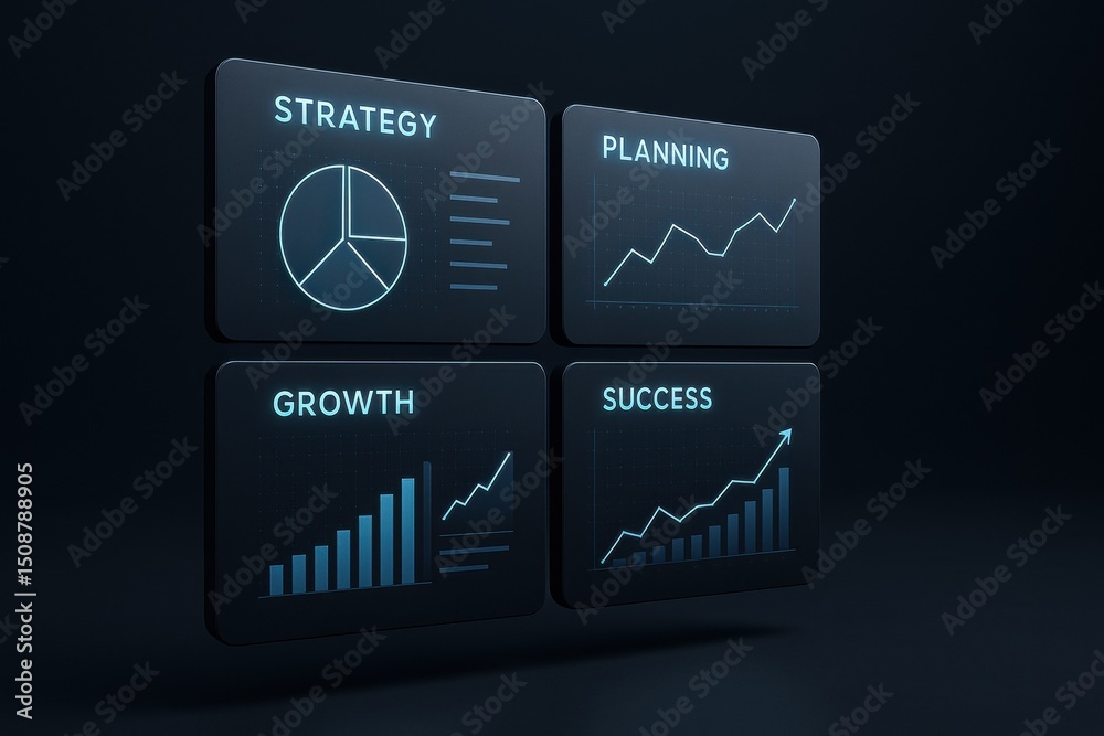 Fototapeta premium A futuristic business dashboard displays modular panels highlighting strategy planning growth and success to support informed decisions and leadership