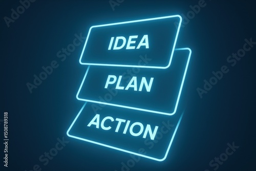 This glowing arrangement represents the core stages business strategy emphasizing planning and decisive action to drive growth and innovation photo