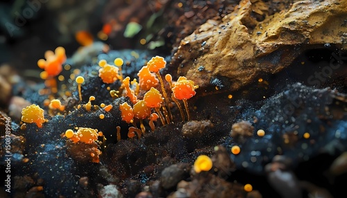 Microbial Decomposition Close-Up, A hyper-detailed, photorealistic close-up of microbial decomposition in soil, 