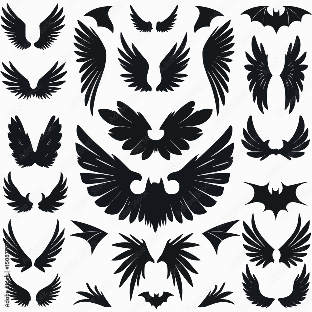 Obraz premium wing vector set, wing logo designs. Various artistic wing illustrations, bird, angel, bat, eagle, and minimalist wing icons for branding, tattoos, emblems, or fantasy design projects