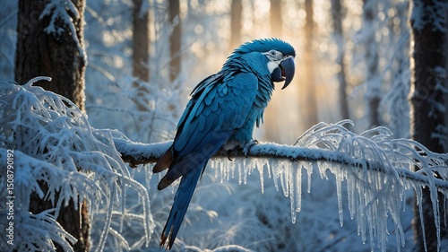 This AI-generated image showcases a cinematic, highly detailed snow macaw—a fictional arctic parrot with glowing blue eyes—perched in a tranquil, frost-covered winter forest.