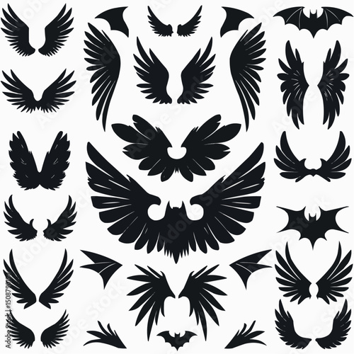 wing vector set, wing logo designs. Various artistic wing illustrations, bird, angel, bat, eagle, and minimalist wing icons for branding, tattoos, emblems, or fantasy design projects