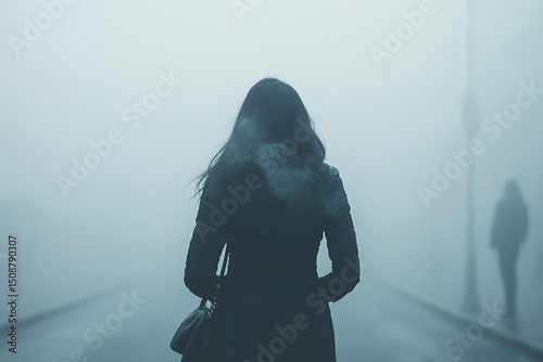 Woman walking through a foggy street