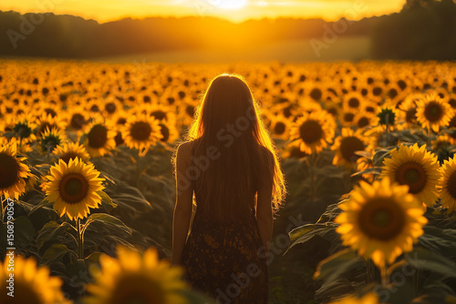Woman walking through a sunflower field silhouette