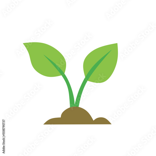 Green sprout plant growing in soil with leaves flat icon vector illustration isolated on white background. Gardening, new life, ecology and nature concept. Young plant and seedling silhouette.