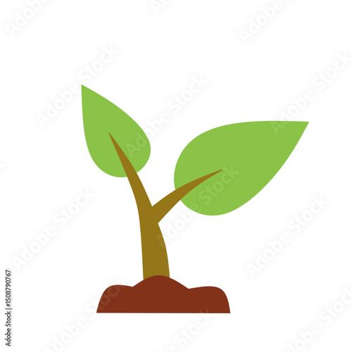 Green sprout plant growing in soil with leaves flat icon vector illustration isolated on white background. Gardening, new life, ecology and nature concept. Young plant and seedling silhouette.
