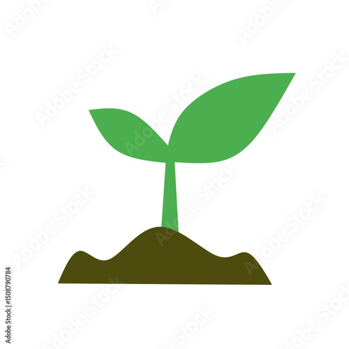 Green sprout plant growing in soil with leaves flat icon vector illustration isolated on white background. Gardening, new life, ecology and nature concept. Young plant and seedling silhouette.