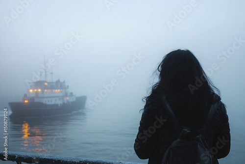 Woman watching a ship vanish into the horizon silhouette