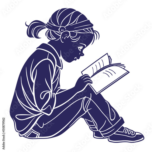 Young Girl Immersed in Reading a Book