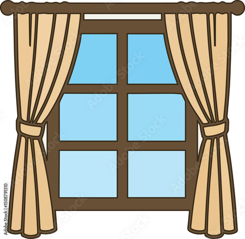 Classic Wooden Window with Beige Curtains Vector – Home Interior Design Element