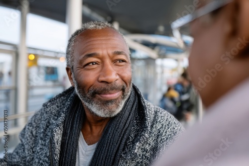 Wallpaper Mural A happy older man beams with a smile at a friend in an outdoor setting, conveying warmth and connection, perfect for depicting friendship and companionship among seniors. Torontodigital.ca
