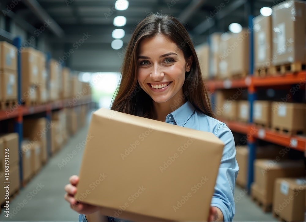 Fototapeta premium Woman holding a cardboard box in a warehouse