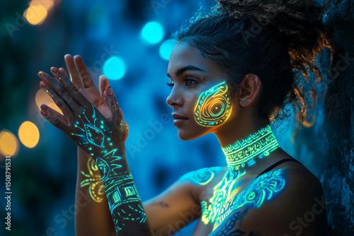 Woman with glowing tattoos