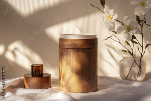 Wooden cylinder used in clean spa product shoot