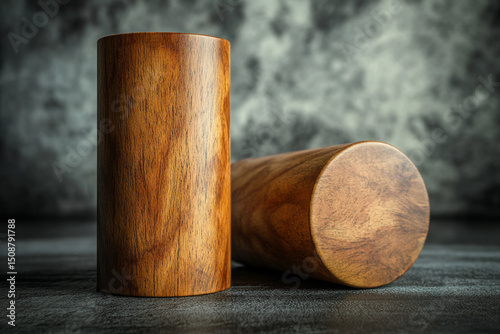 Wooden cylinders on dark vintage background