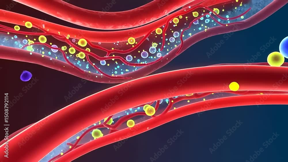 Colorful illustration of blood vessels with particles, depicting cellular activity and circulation