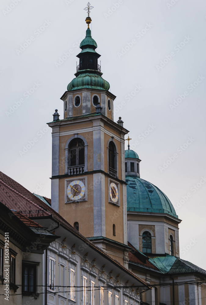 detail of tower and bell church in european city detail of tower and bell church in european city