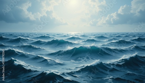 Illustration of Ocean waves crashing waves with sea foam and reflections